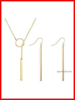 Gold Plated Dangle Earrings Layered Y-Necklace Jewelry Set Women
